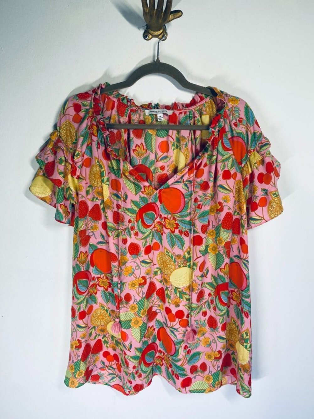 Rose + Olive Pink Fruit Print Blouse With Ruffle Sleeves & Tassel Tie Details Si